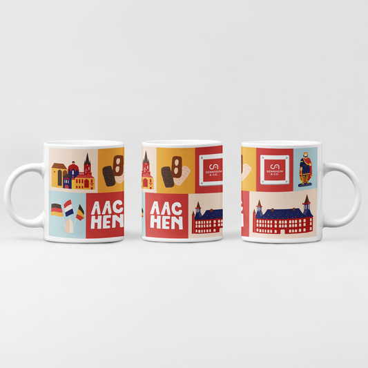 Aachen Tasse mit Wahrzeichen für Firmen. Geschenk für Mitarbeiter und Kunden. 