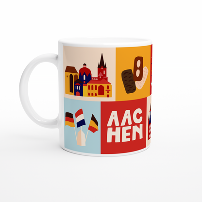 Stadtkind Souvenir Tasse Aachen Illustration mit Dom und Rathaus Motiv vor weißem Hintergrund
