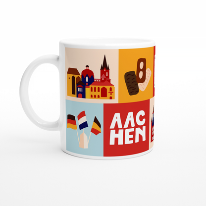 Weiße Keramiktasse mit bunten Aachen-Motiven im Pop-Art-Stil. Zu sehen sind der Aachener Dom, Aachener Printen, das Dreiländereck und der rot-weiße Schriftzug Aachen.