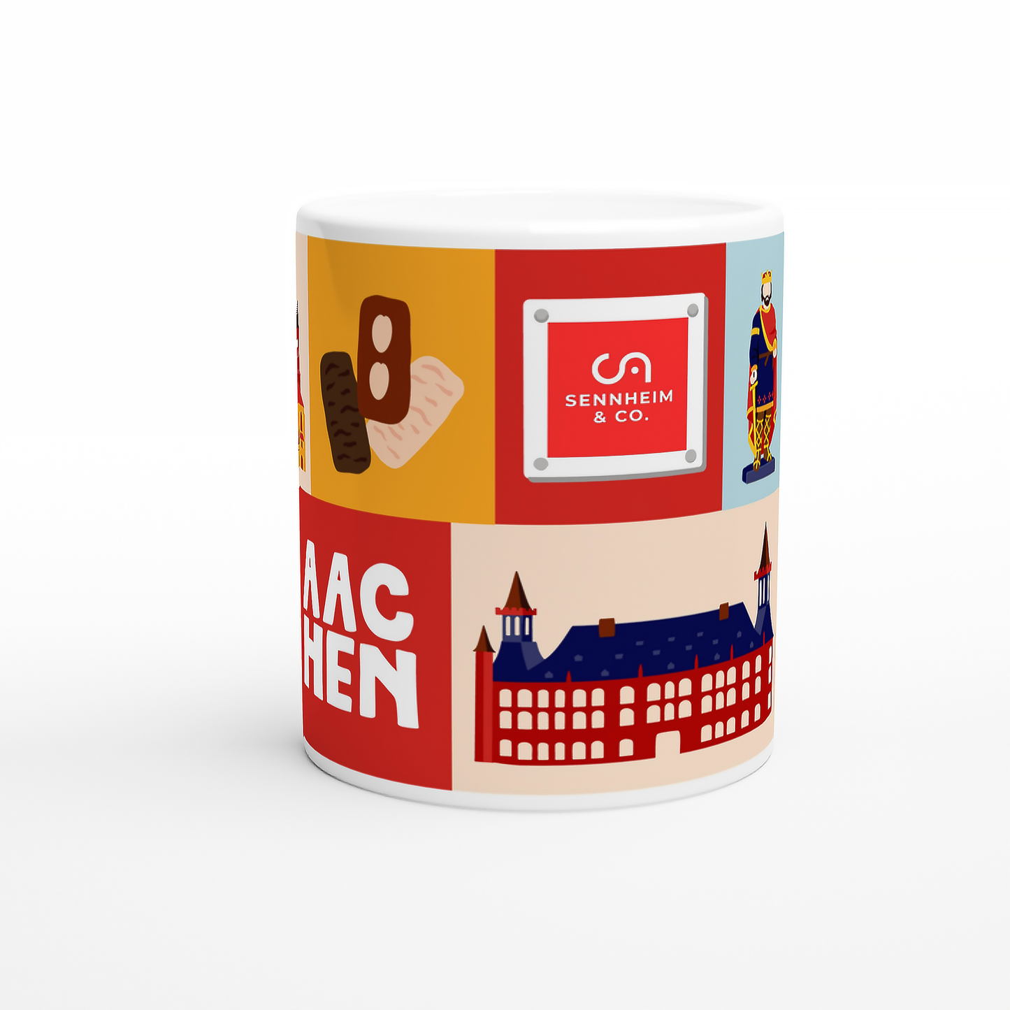 B2B-Kaffeetasse mit Aachen-Illustrationen. Im Zentrum ist ein stilvolles Hausschild mit einem beispielhaften Firmenlogo integriert, umgeben vom Aachener Rathaus und Karl dem Großen.