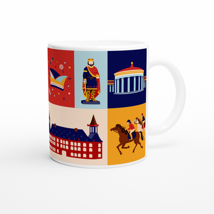 Moderne Kaffeetasse Aachen im Retro Flat Design Stil auf einem Holztisch in einer Küche