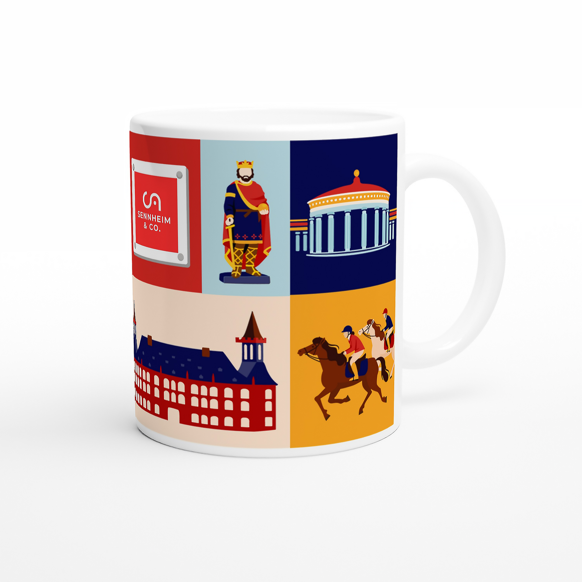 Rechte Seite der personalisierbaren Aachen-Tasse. Neben dem integrierten Firmenlogo zeigt das Pop-Art-Design den Elisenbrunnen, das historische Rathaus und Reiter vom CHIO Aachen.