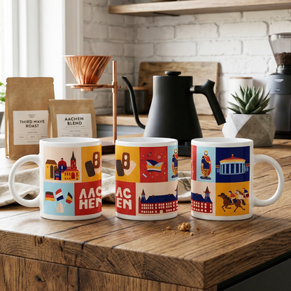 Moderne Kaffeetasse Aachen im Retro Flat Design Stil auf einem Holztisch in einer Küche