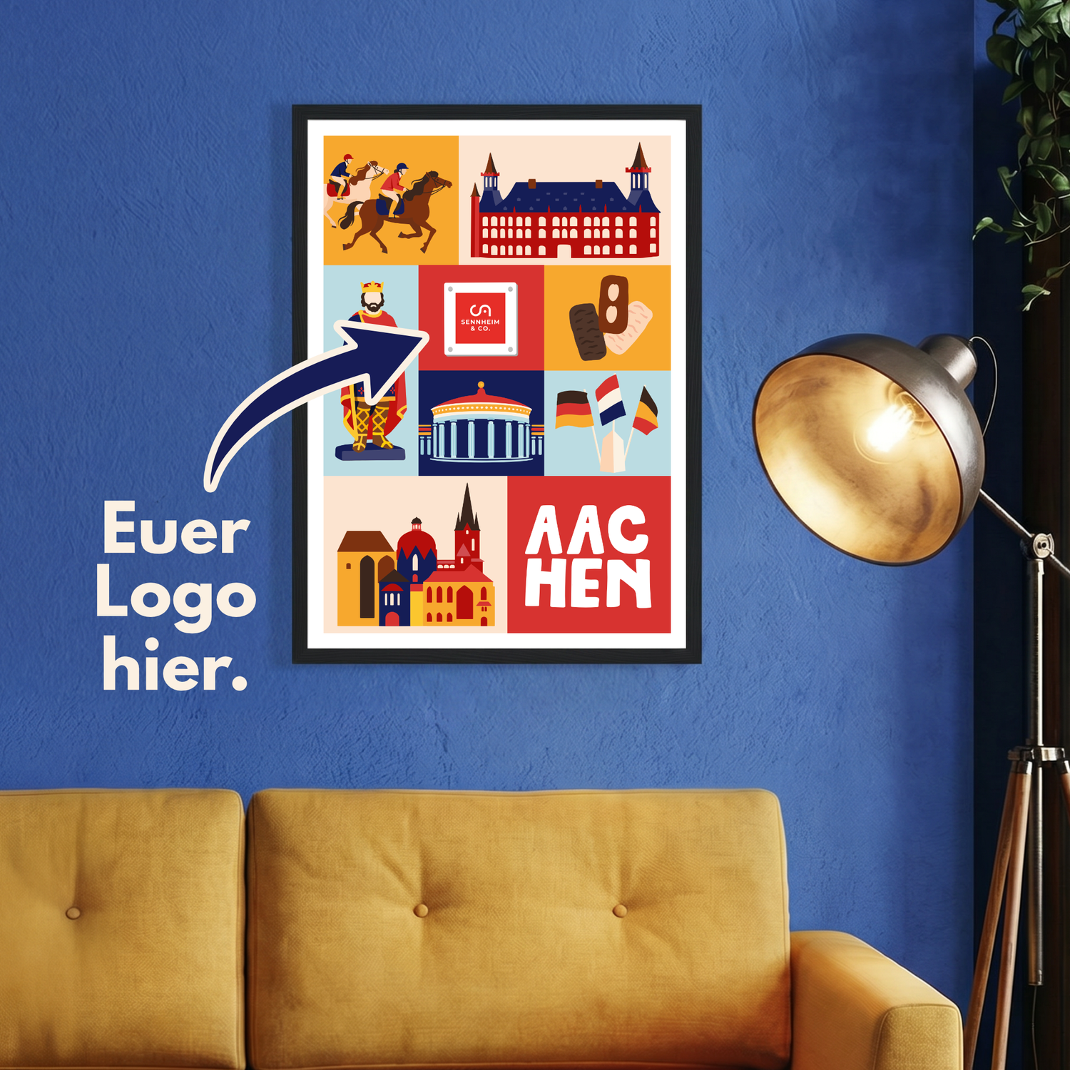 Grafisches Pop-Art Poster Aachen über gelbem Sofa mit Pfeil und Text Euer Logo hier als B2B Platzhalter.