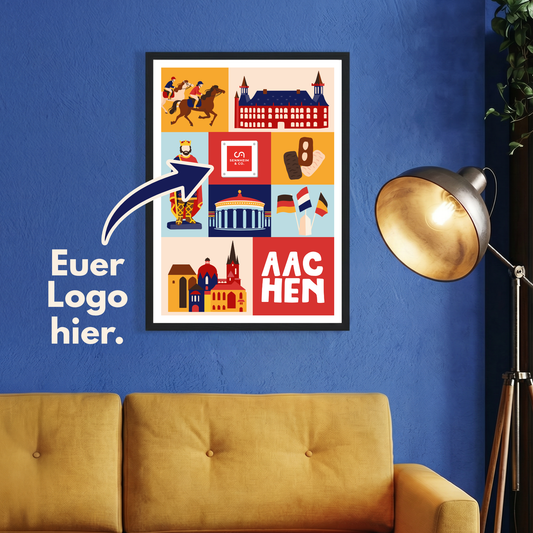 Grafisches Pop-Art Poster Aachen über gelbem Sofa mit Pfeil und Text Euer Logo hier als B2B Platzhalter.