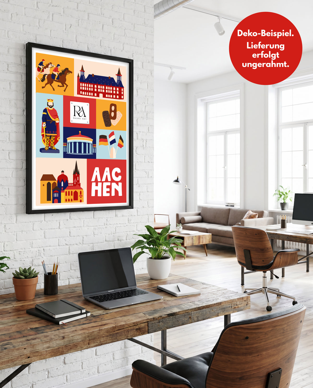 Modernes Start-up Büro mit Laptop und gebrandetem Aachen Plakat an weißer Backsteinwand als Geschenk Einzug.