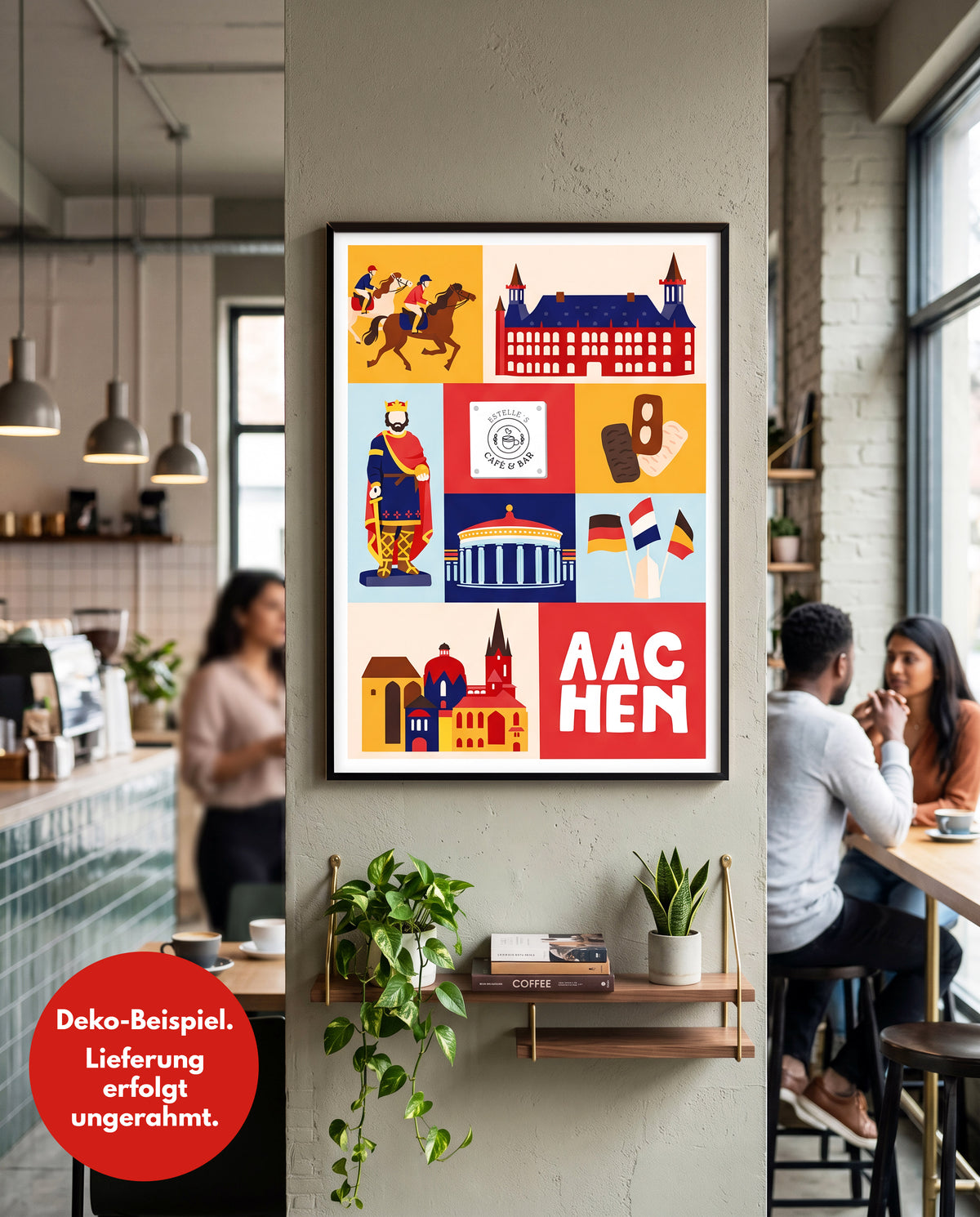 Stilvolle Wanddeko für Café in Aachen mit integriertem Firmenlogo auf Pop-Art Plakat an Betonsäule.