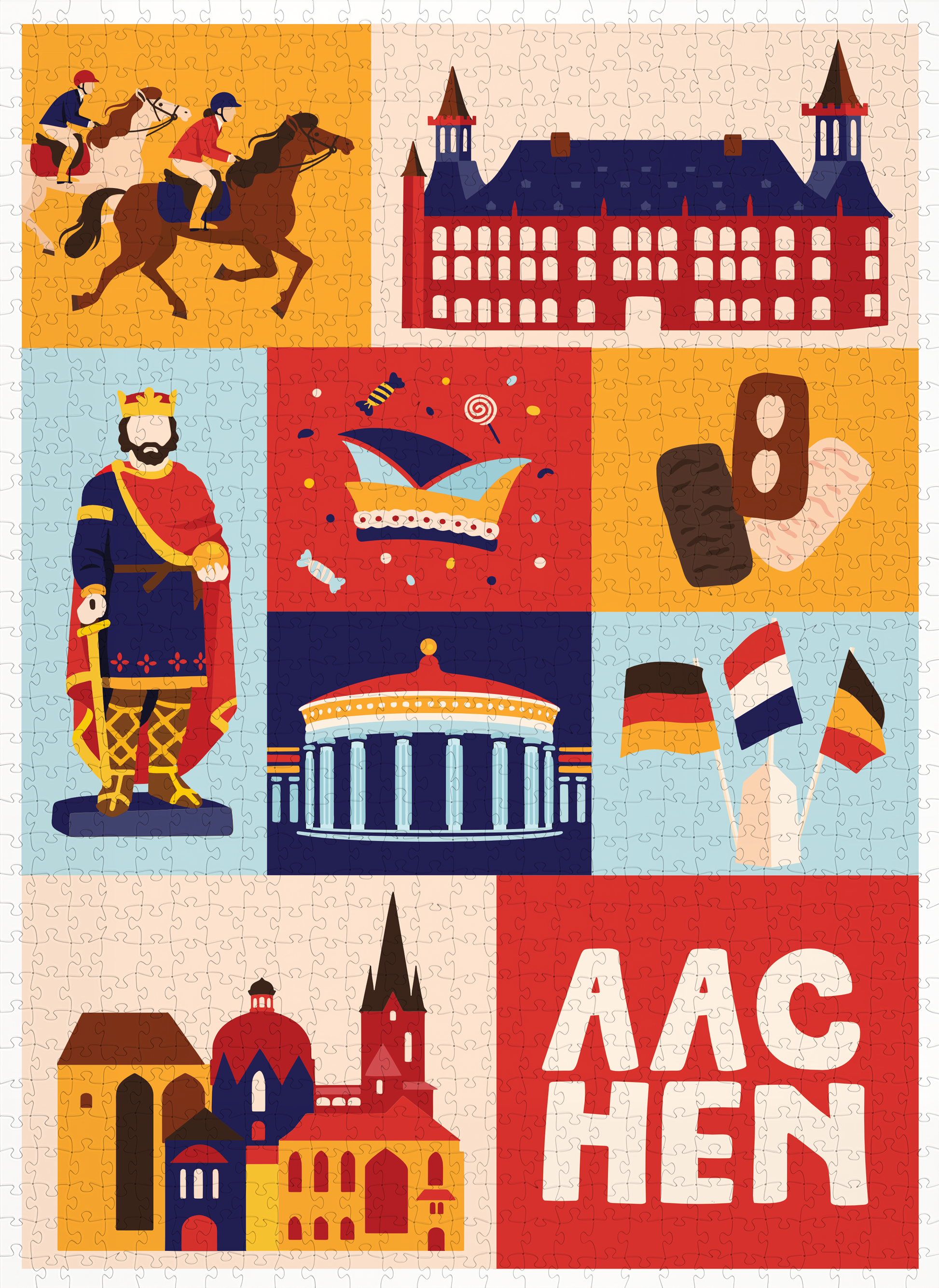 Modernes Puzzle Aachen Motive wie Reitsport und Dreiländereck.