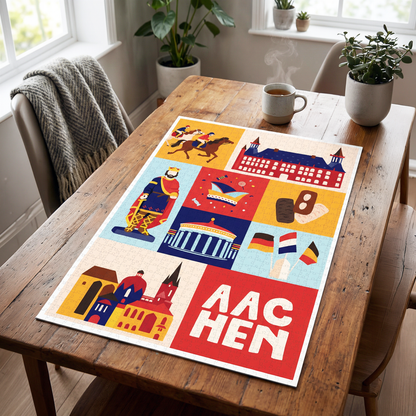 Lifestyle-Foto Aachen Puzzle auf einem skandinavischen Holztisch.