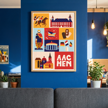 Aachen Wandkunst Puzzle 1000 Teile fertig gelegt im Rahmen.
