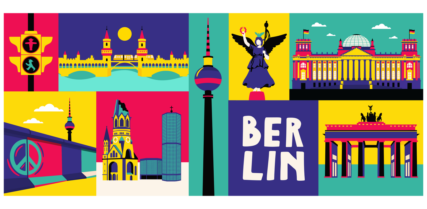 Motiv Berlin mit der Siegessäule auf gelbem Hintergrund und dem plakativen Text-Feld BERLIN.