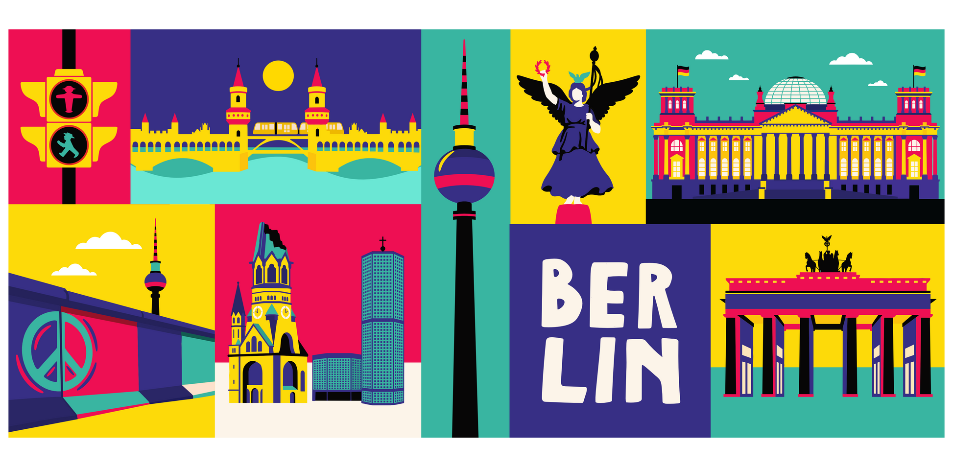 Motiv Berlin mit der Siegessäule auf gelbem Hintergrund und dem plakativen Text-Feld BERLIN.