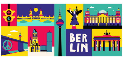 Motiv Berlin mit der Siegessäule auf gelbem Hintergrund und dem plakativen Text-Feld BERLIN.