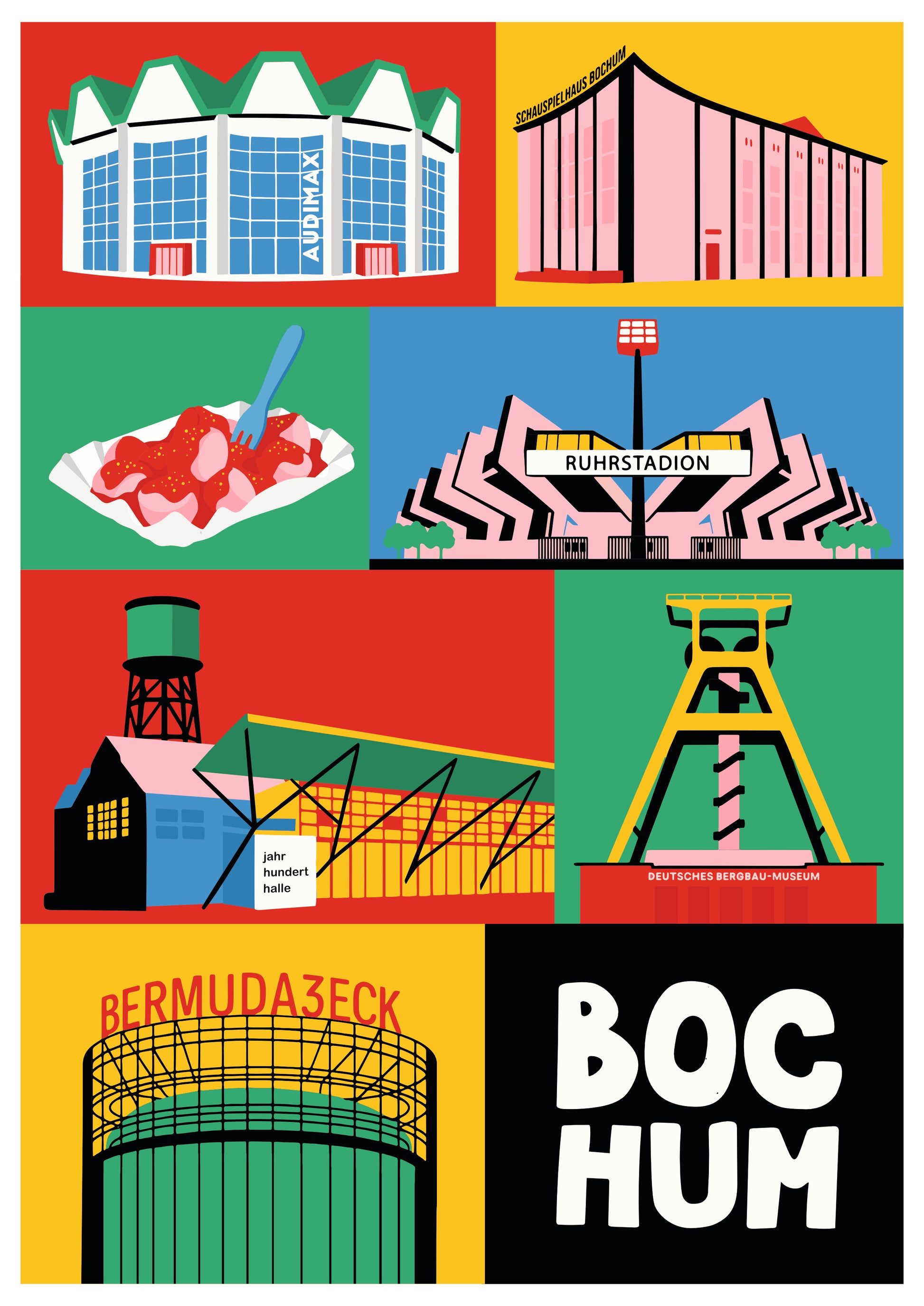 Wandkunst Bochum minimalistisch mit farbenfrohen Icons von Audi Max und Schauspielhaus.