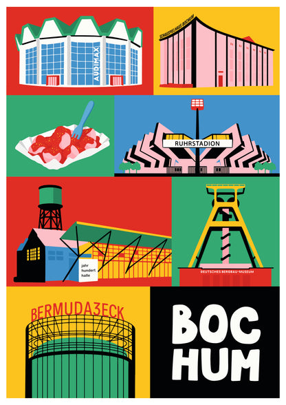 Wandkunst Bochum minimalistisch mit farbenfrohen Icons von Audi Max und Schauspielhaus.