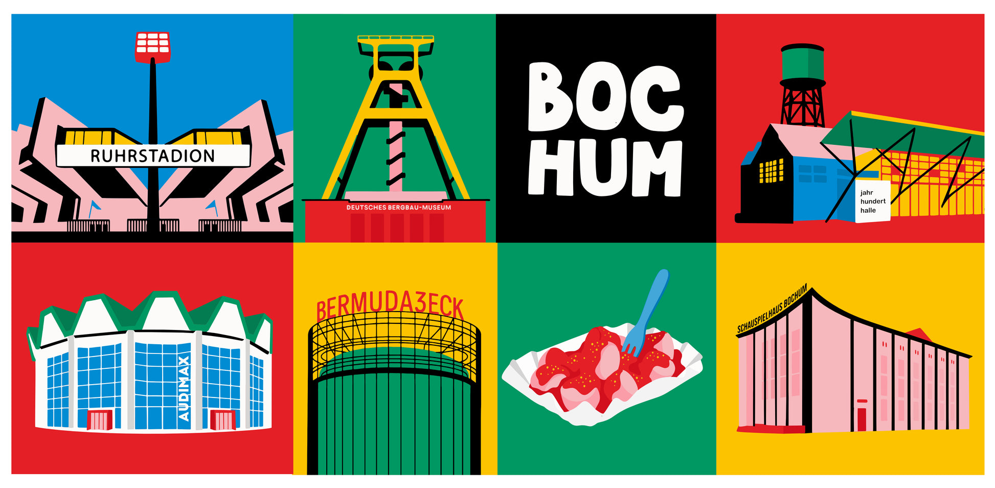Bochum Illustration mit Schauspielhaus, Ruhrstadion, Currywurst und Bermuda3eck