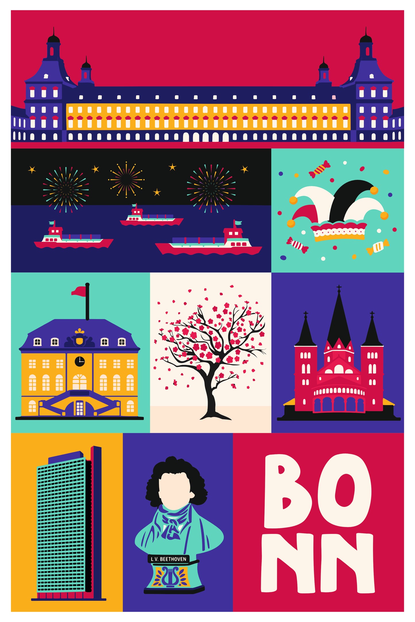 Minimalistische Kunst Bonn Leinwand mit Bonner Münster und Schloss Illustration.