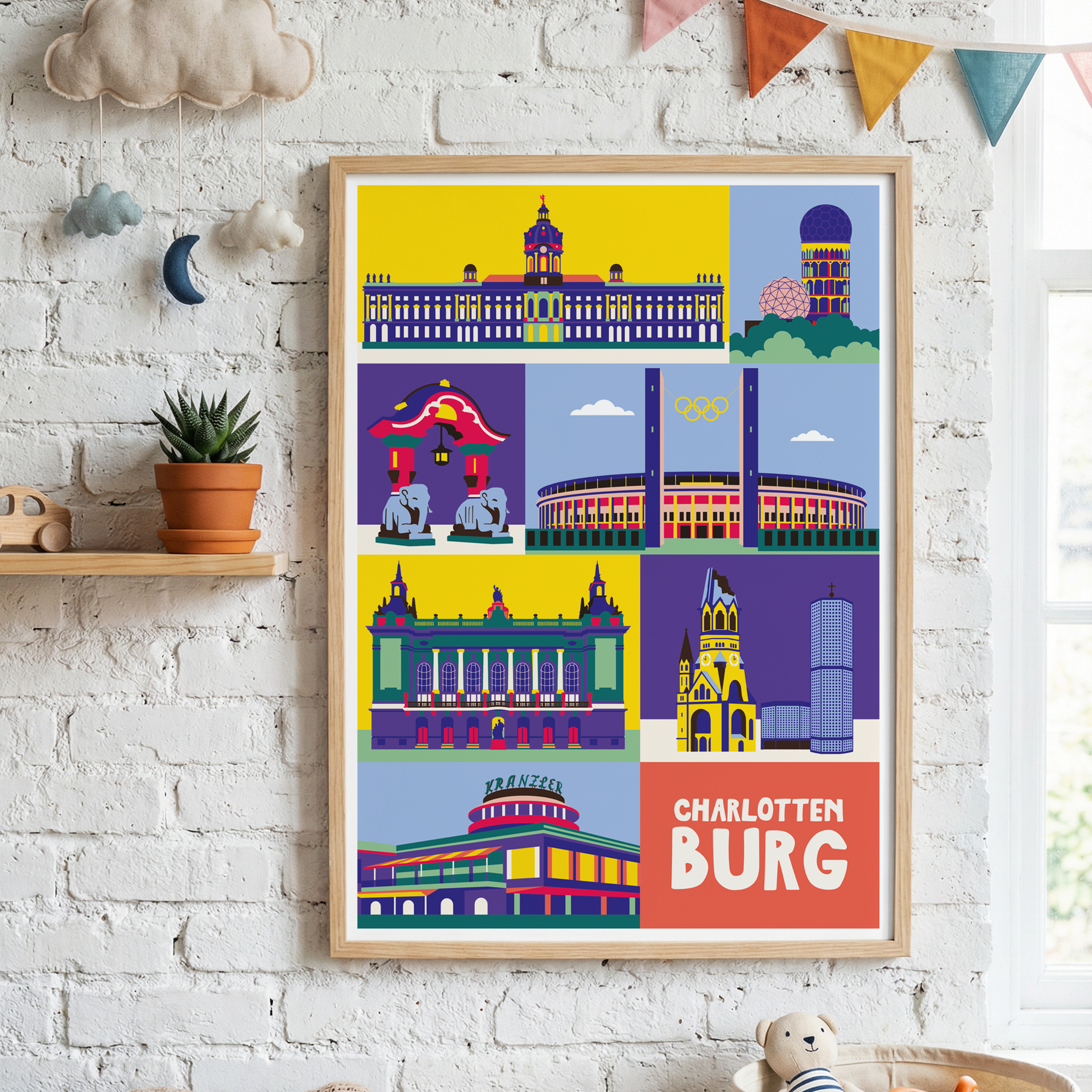 Elefantentor Zoo Berlin als bunte Flat-Illustration auf Premium Poster fürs Kinderzimmer.