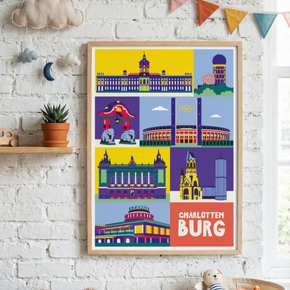 Elefantentor Zoo Berlin als bunte Flat-Illustration auf Premium Poster fürs Kinderzimmer.