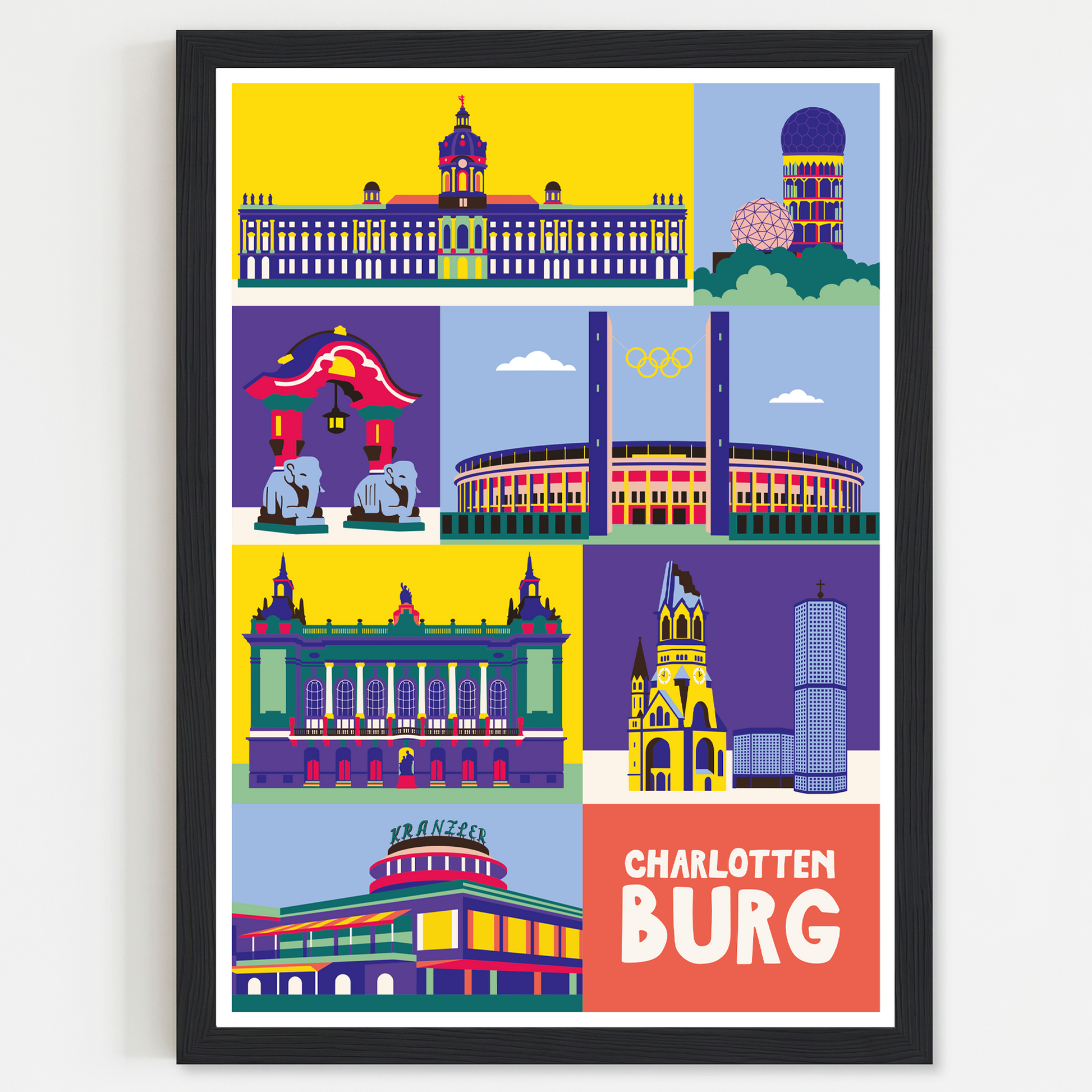 Berlin Charlottenburg Poster im Retro Pop-Art Design mit Schloss und Gedächtniskirche.