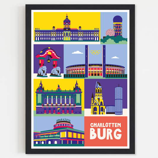 Berlin Charlottenburg Poster im Retro Pop-Art Design mit Schloss und Gedächtniskirche.