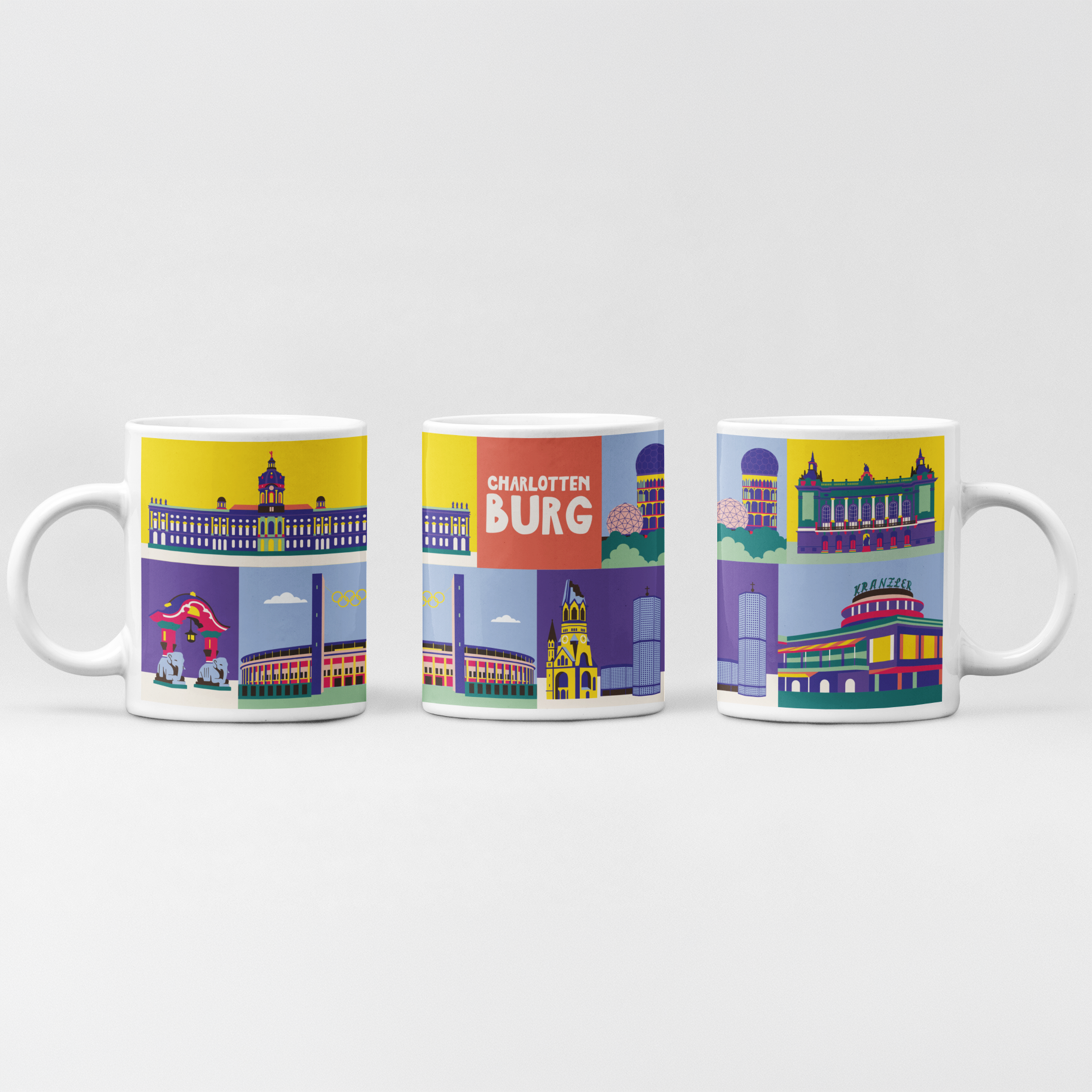 Weiße Keramiktasse mit bunter Charlottenburg Illustration im Retro Pop-Art Stil.
