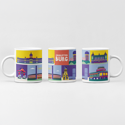 Weiße Keramiktasse mit bunter Charlottenburg Illustration im Retro Pop-Art Stil.