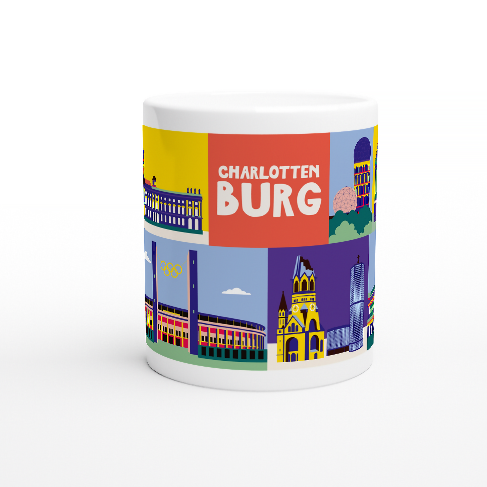 Design Kaffeetasse mit Berliner Gedächtniskirche und Zoofenster in plakativen Farben.