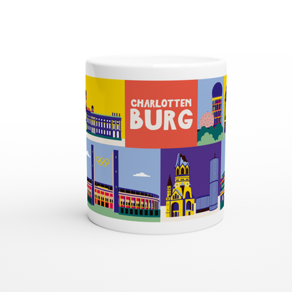 Design Kaffeetasse mit Berliner Gedächtniskirche und Zoofenster in plakativen Farben.