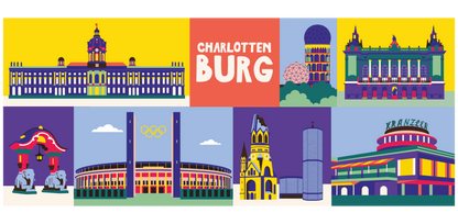 Bunte grafische Illustration des Bezirks Charlottenburg auf einer weißen Bürotasse.