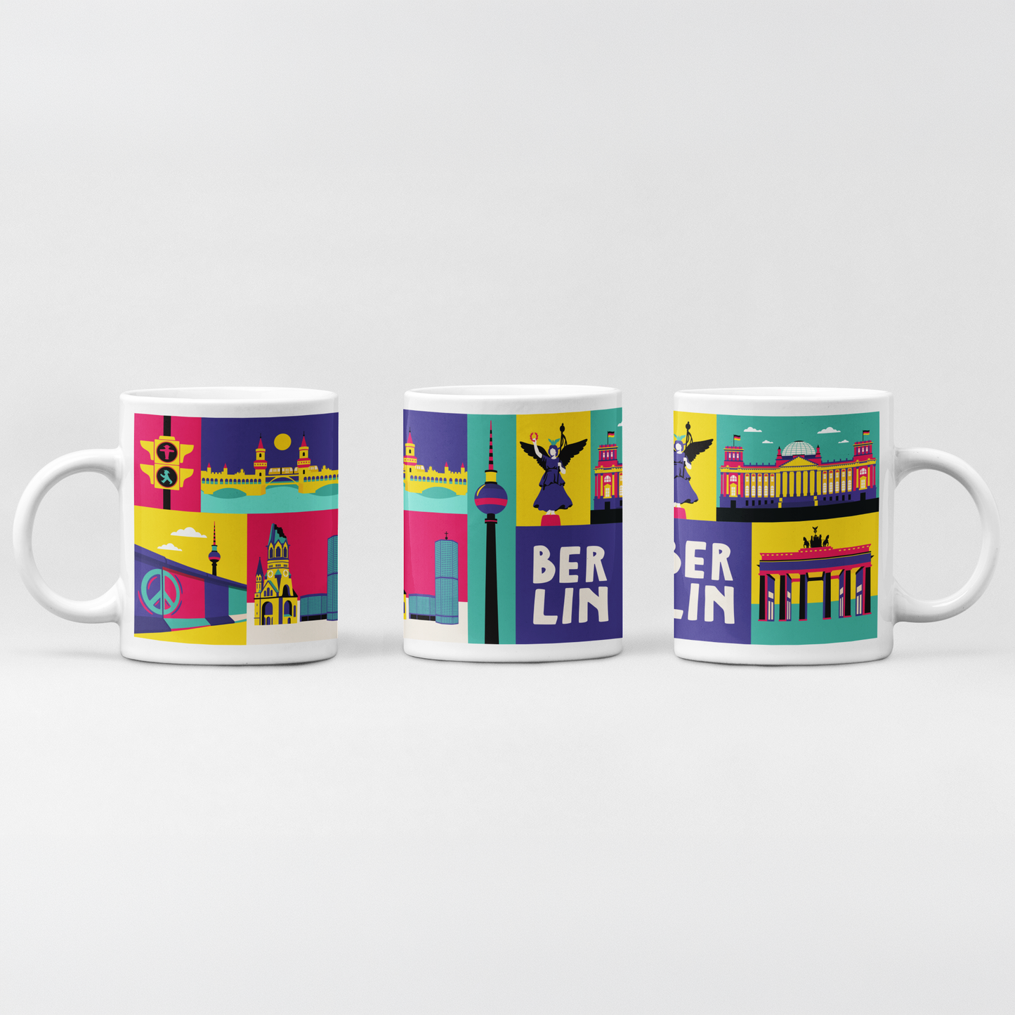 Weißes Keramikbecher-Design mit bunten Pop-Art-Illustrationen von Berliner Wahrzeichen wie der Oberbaumbrücke und dem Ampelmännchen.