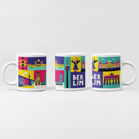 Weißes Keramikbecher-Design mit bunten Pop-Art-Illustrationen von Berliner Wahrzeichen wie der Oberbaumbrücke und dem Ampelmännchen.