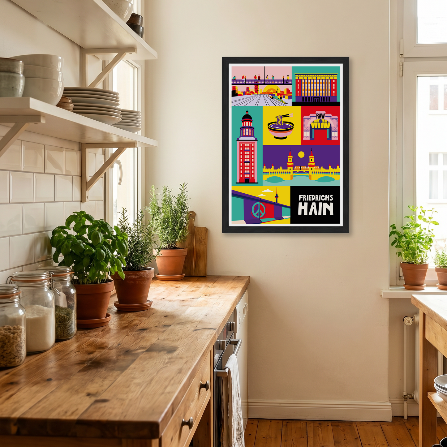 Gerahmtes Berlin Friedrichshain Poster im Retro-Stil hängend in einer hellen Küche neben Holzregalen und Kräutertöpfen.