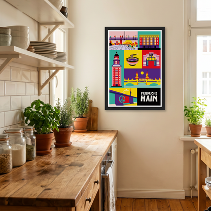 Gerahmtes Berlin Friedrichshain Poster im Retro-Stil hängend in einer hellen Küche neben Holzregalen und Kräutertöpfen.