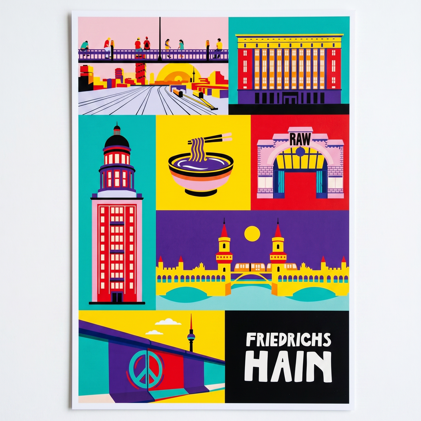 Ungerahmtes Berlin Friedrichshain Poster im Pop-Art-Design mit Kiez-Ikonen hängend an einer weißen Wand.