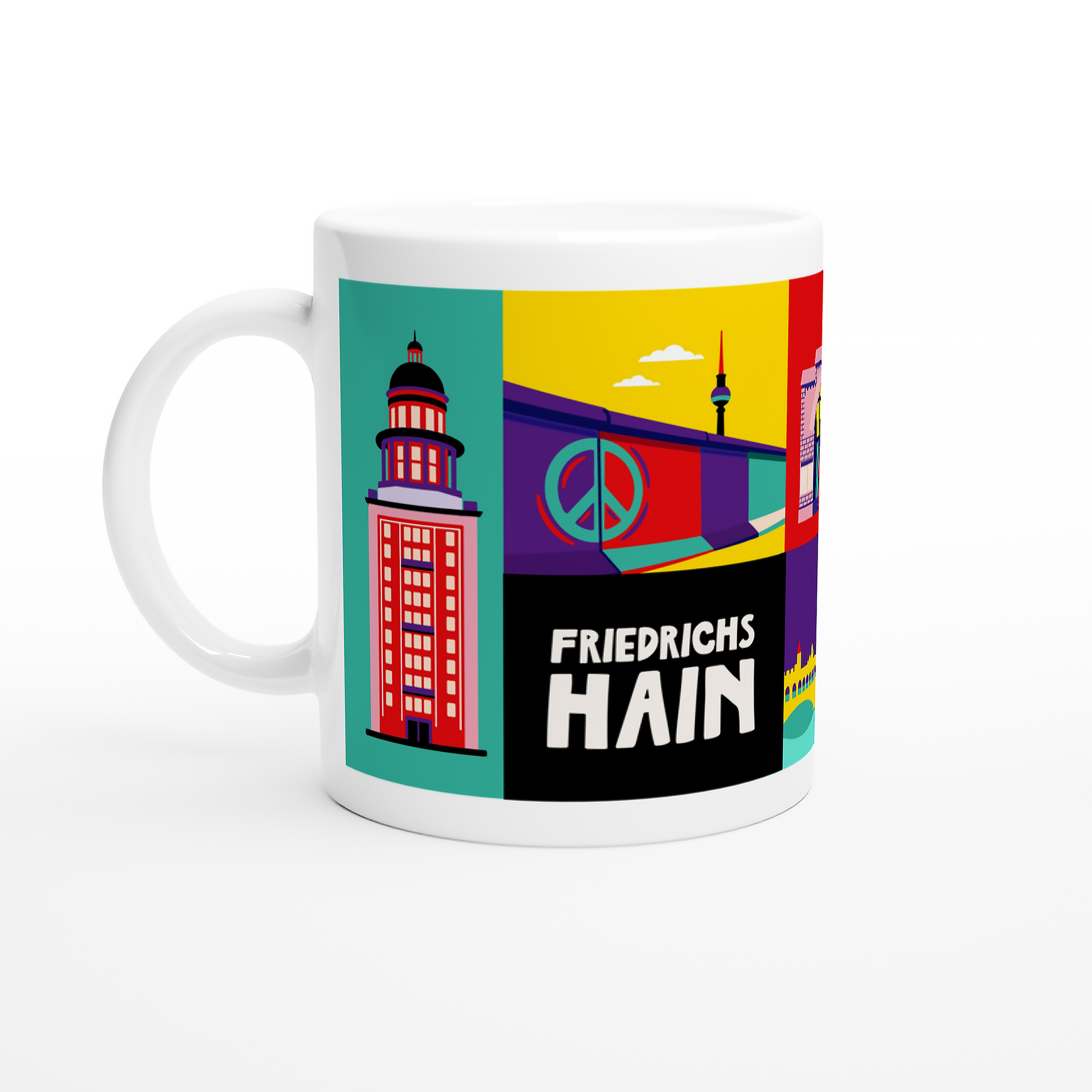 Friedrichshain Tasse Detailansicht mit Illustration vom Frankfurter Tor in rot und türkis.
