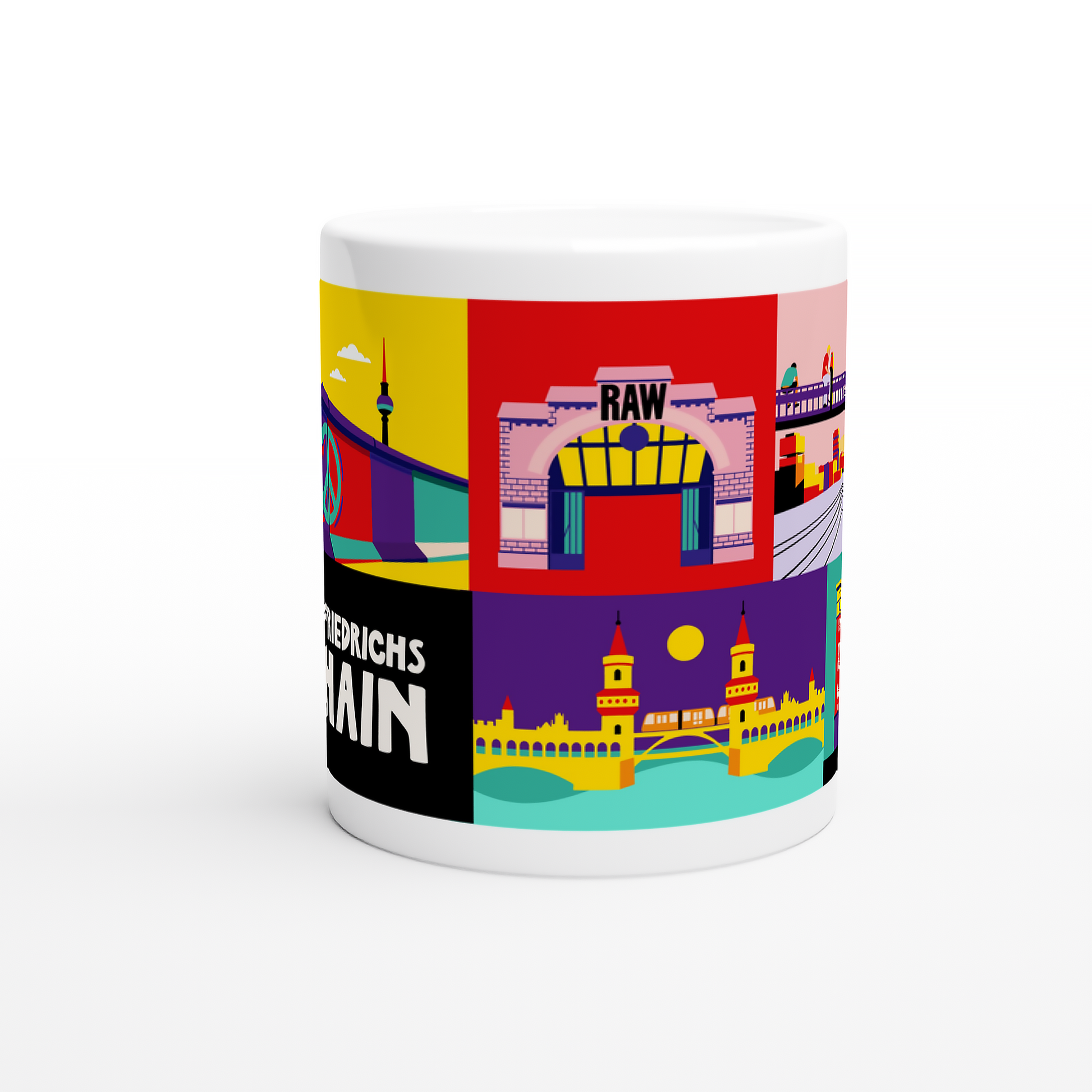 Bunte Kaffeetasse mit grafischer Illustration des RAW-Geländes in Berlin.