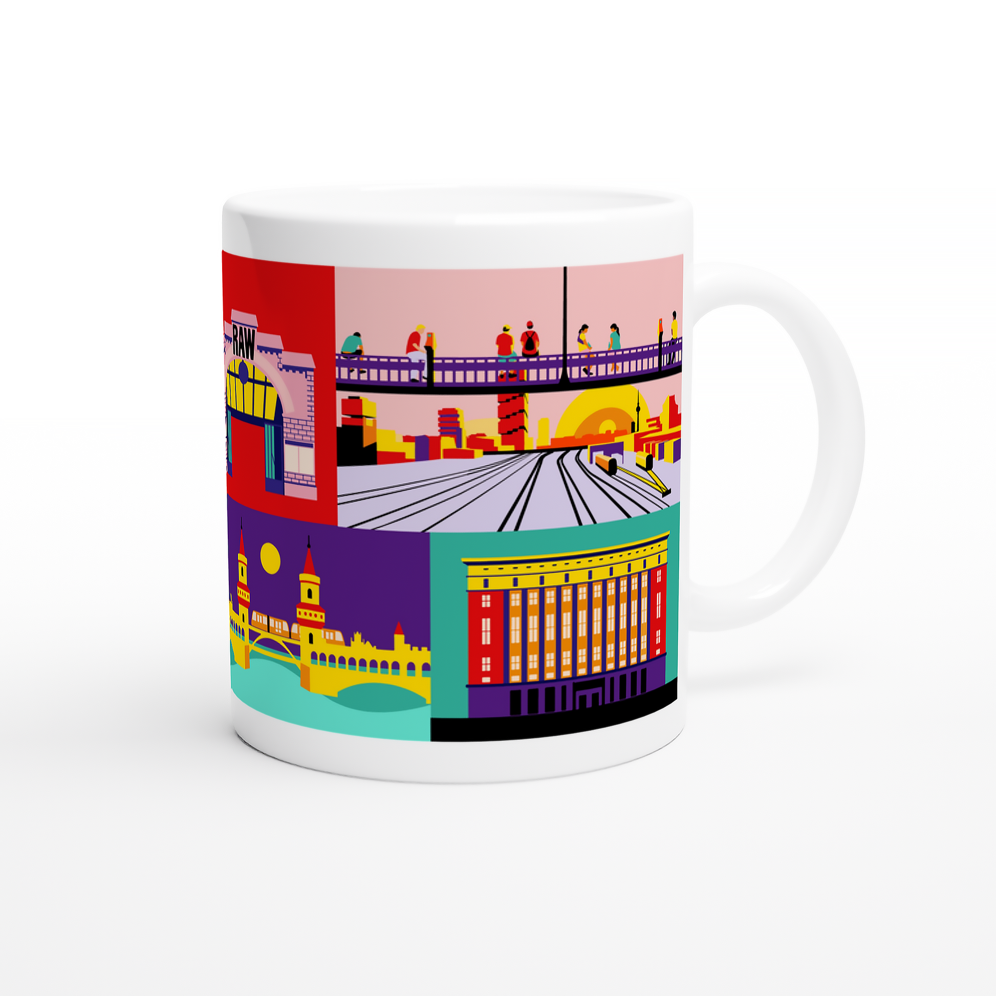 Tasse mit Oberbaumbrücke und East Side Gallery Illustration im Retro-Stil.