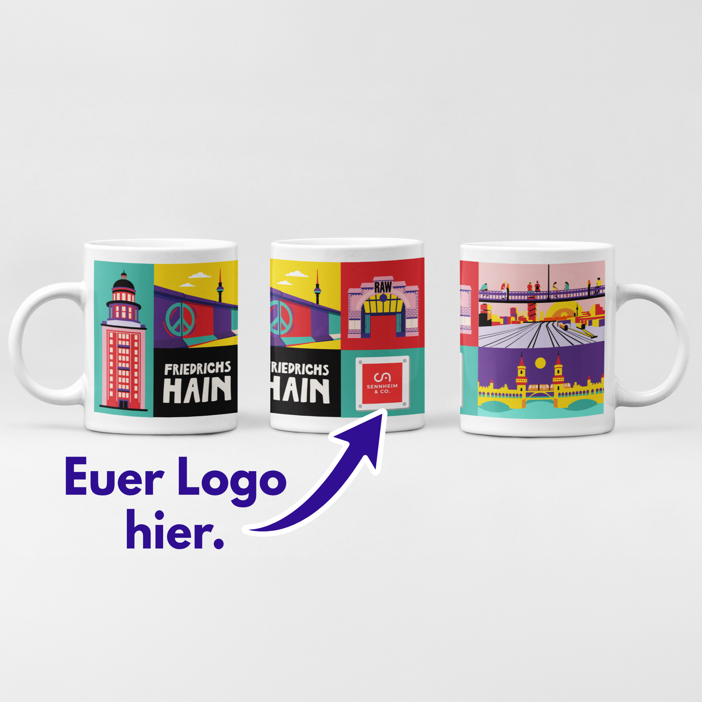 Personalisierte Tasse Berlin Friedrichshain mit Firmenlogo für B2B Kunden