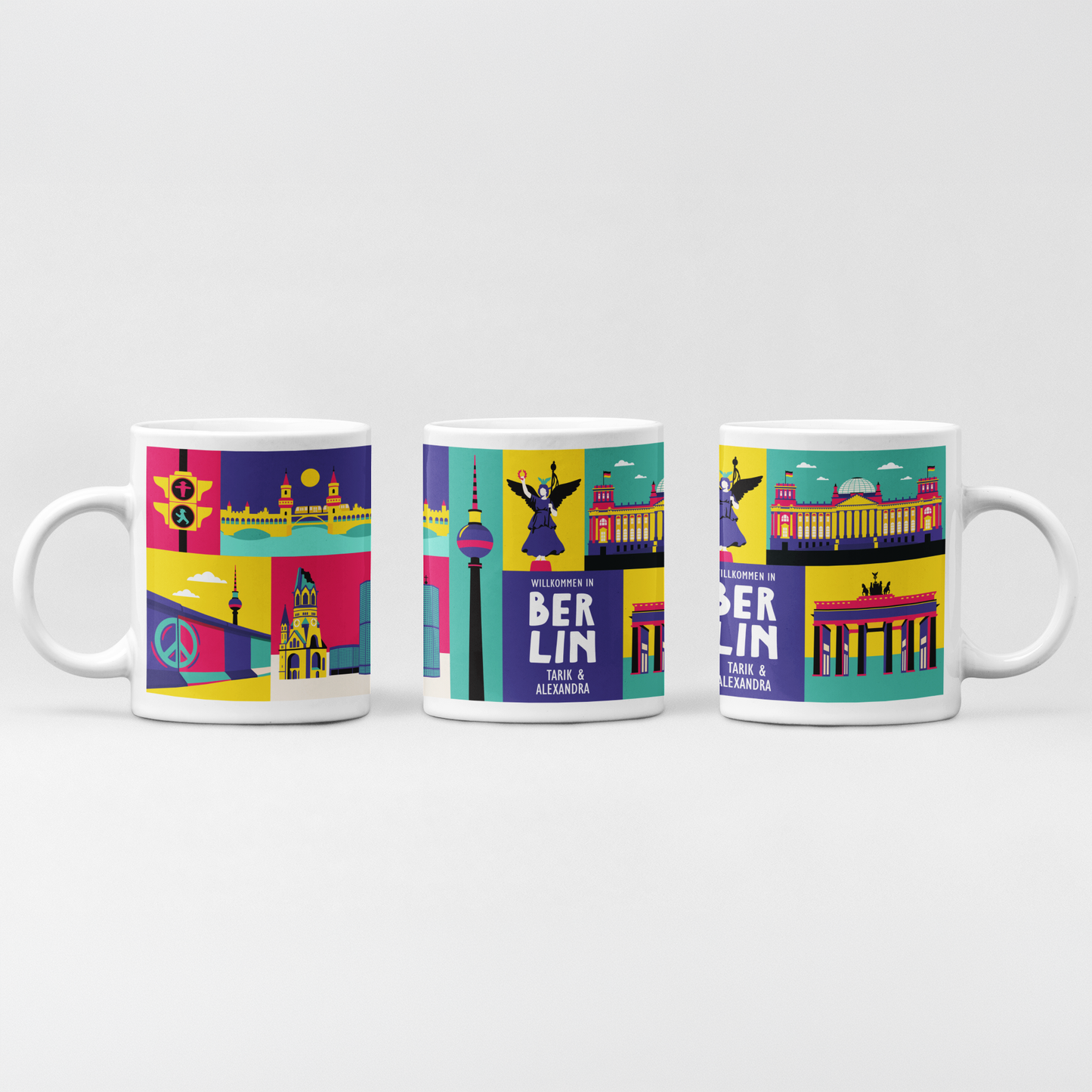 Bunte Stadtkind Souvenir Tasse Berlin mit Oberbaumbrücke und Ampelmännchen