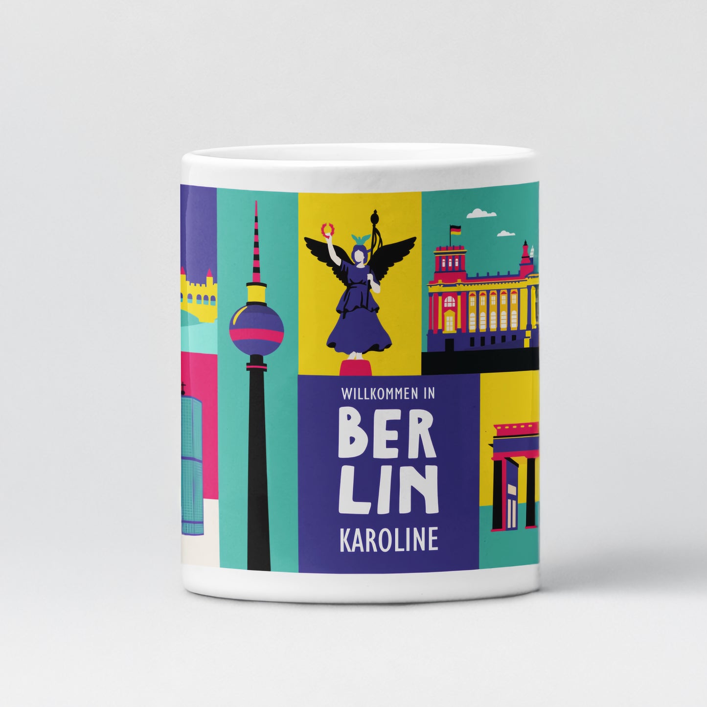 Hochwertige Keramiktasse mit Berliner Ikonen im Flat-Design für den neuen Kiez