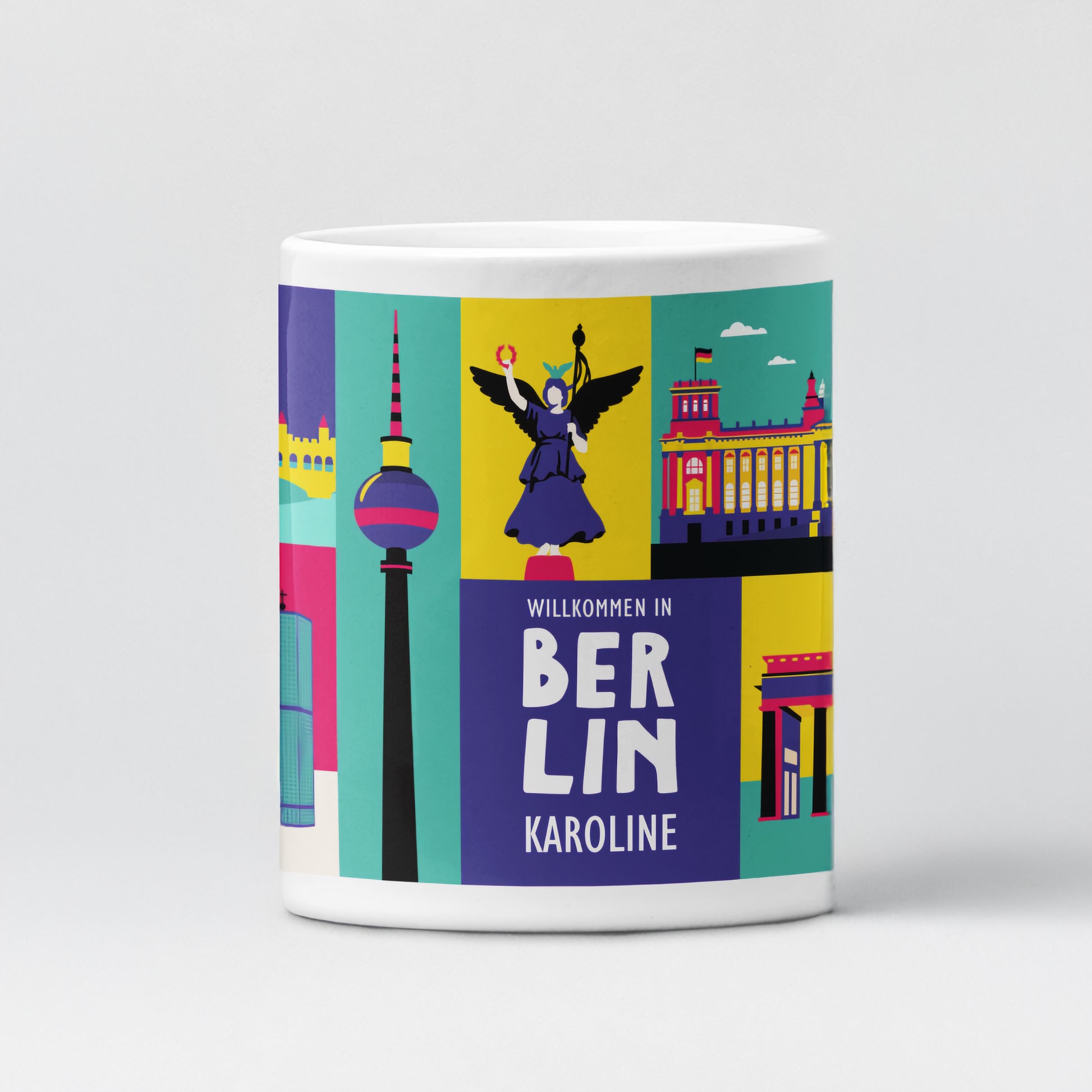 Hochwertige Keramiktasse mit Berliner Ikonen im Flat-Design für den neuen Kiez