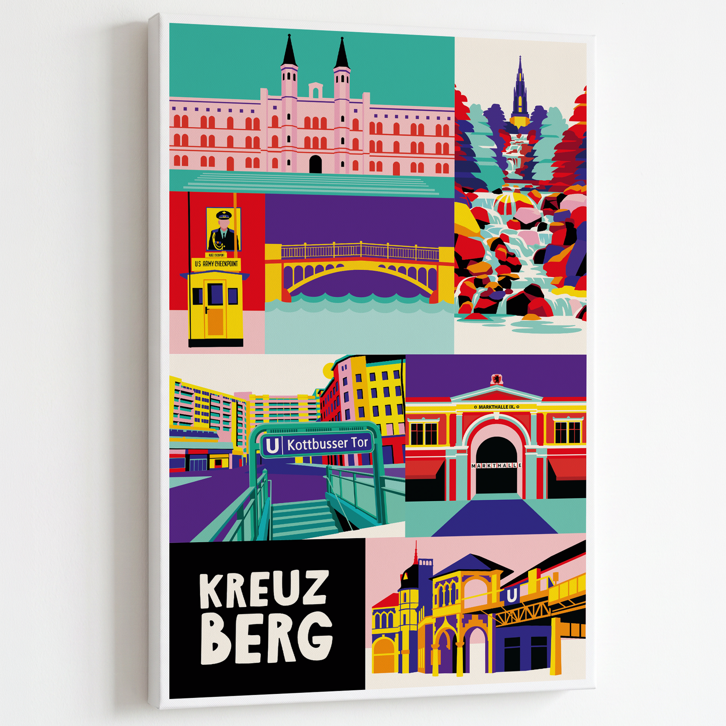 Original Kreuzberg Poster Design mit Wasserfall Viktoriapark und Oberbaumbrücke Ikonen.