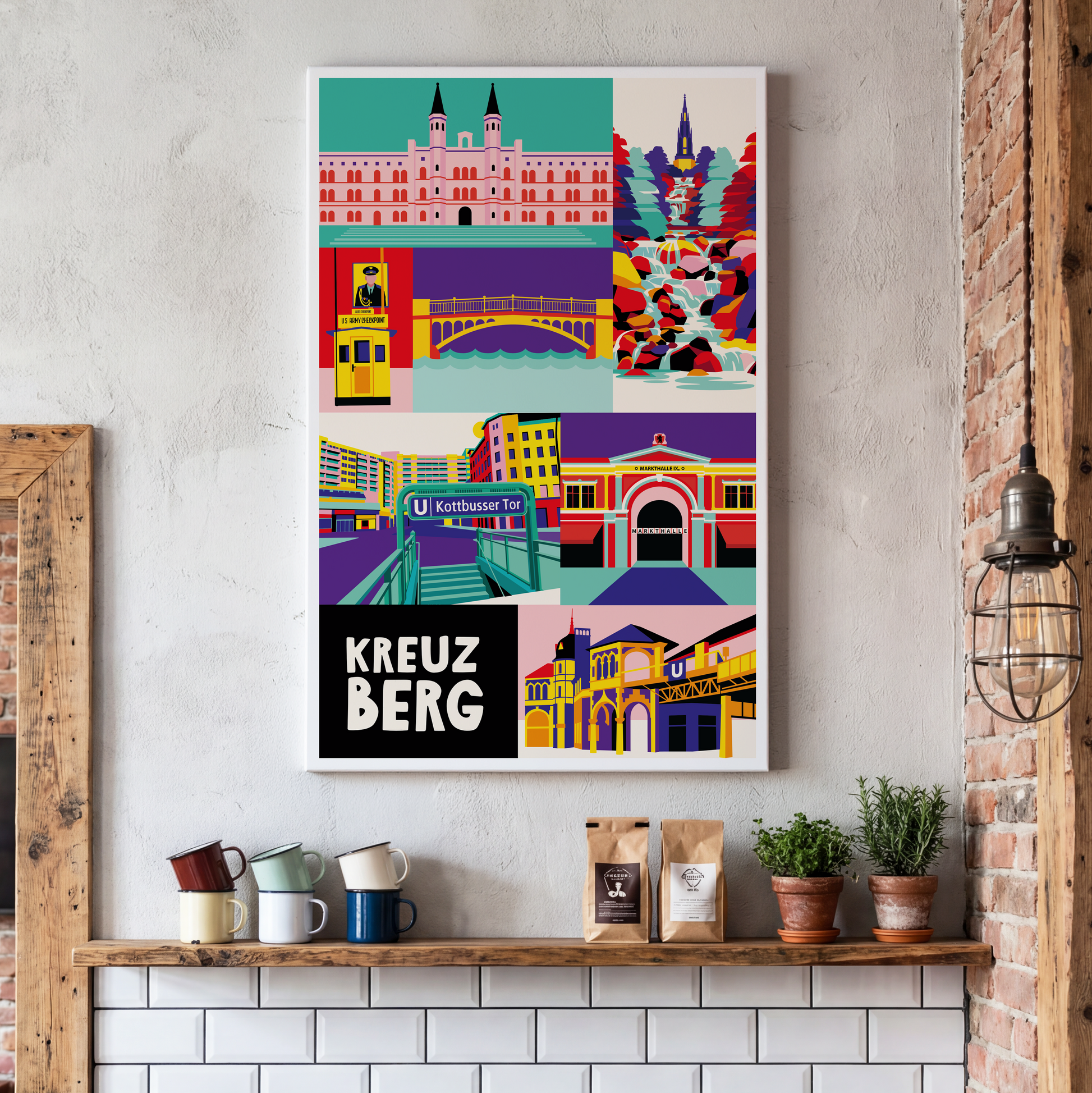 Lifestyle-Mockup mit gerahmtem Kreuzberg Poster und Kaffeebohnen im Industrielook.