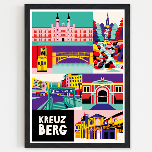 Grafisches Poster Berlin Kreuzberg mit Kottbusser Tor und Markthalle Neun Illustration.