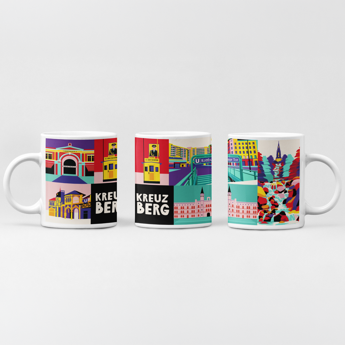 Weiße Keramiktasse mit farbenfroher Kreuzberg Illustration im Retro Pop-Art Stil.