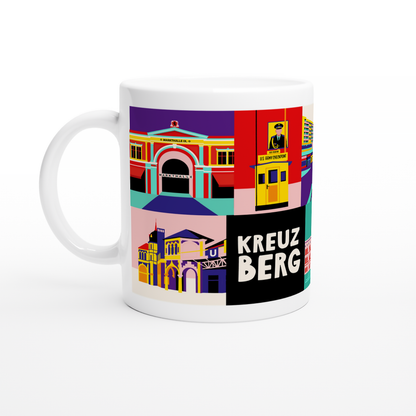 Kreuzberg Tasse zeigt Markthalle IX und Checkpoint Charlie in plakativen Farben.