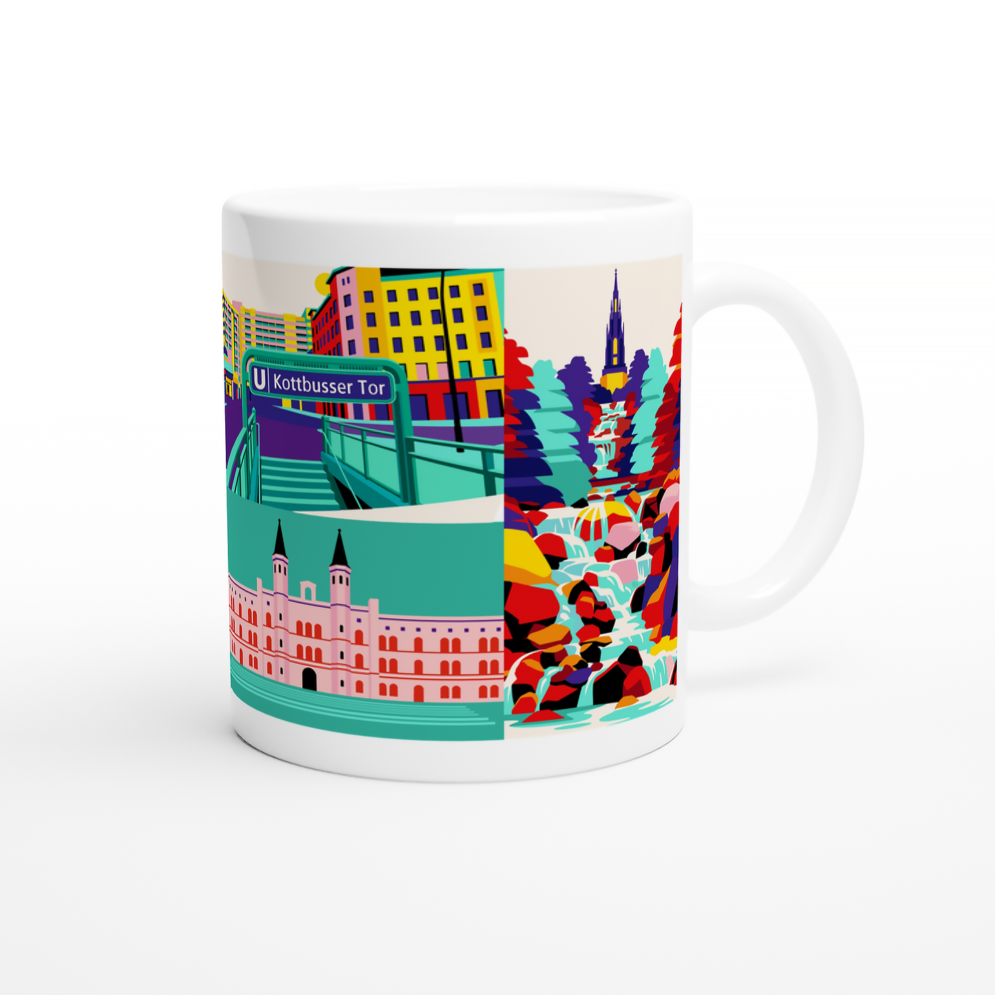 Ansicht der Kaffeetasse mit Illustration des Wasserfalls im Viktoriapark Kreuzberg.