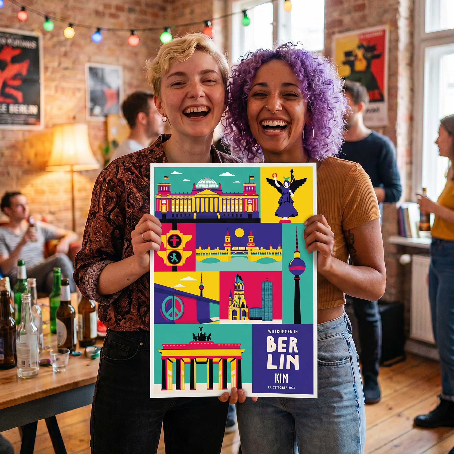 Zwei lachende Frauen halten ein personalisiertes Berlin Poster als Geschenk zum Einzug auf einer WG Party.