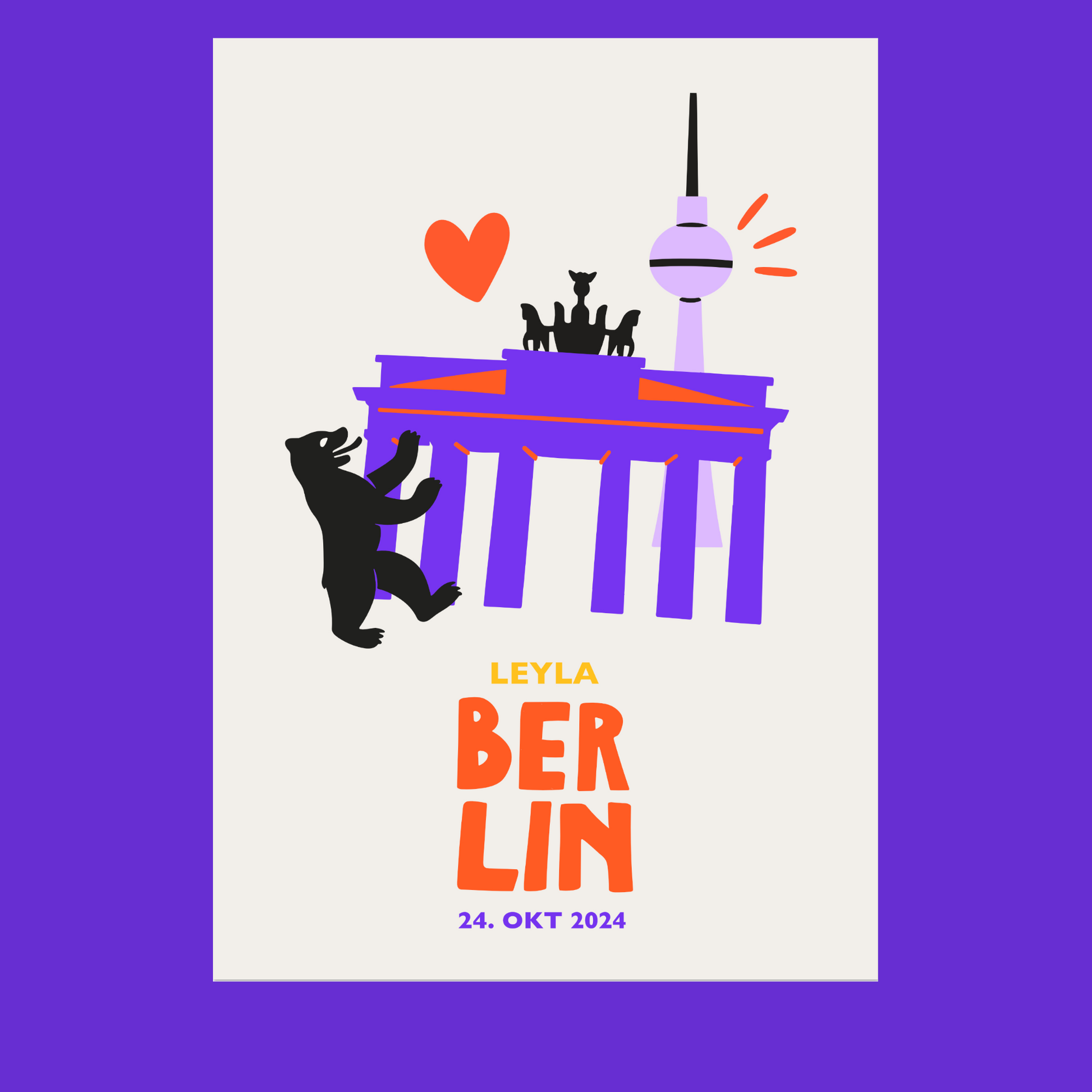 Personalisiertes Geschenk Berlin Poster mit Name und Datum. Illustrationen im modernen Design von Brandenburger Tor, Fernsehturm, Berliner Bär